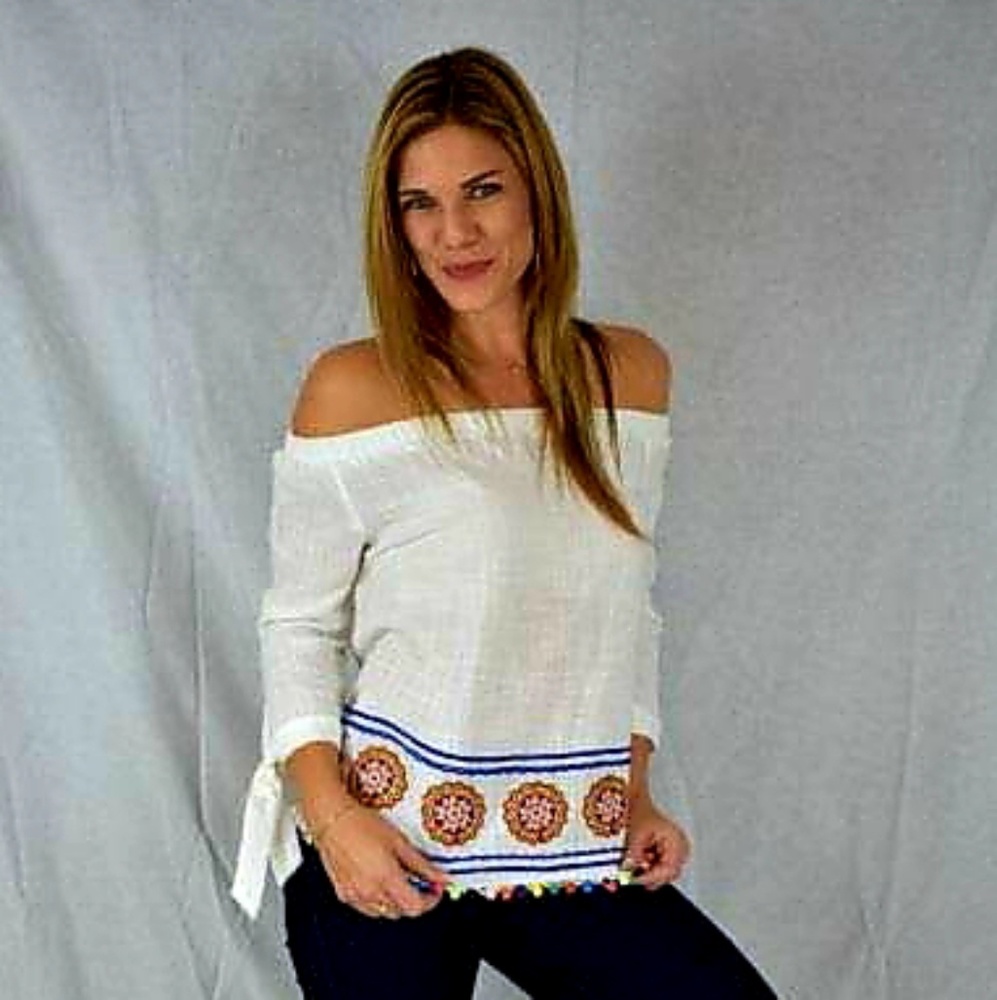 White Top with pompoms & embroidery
